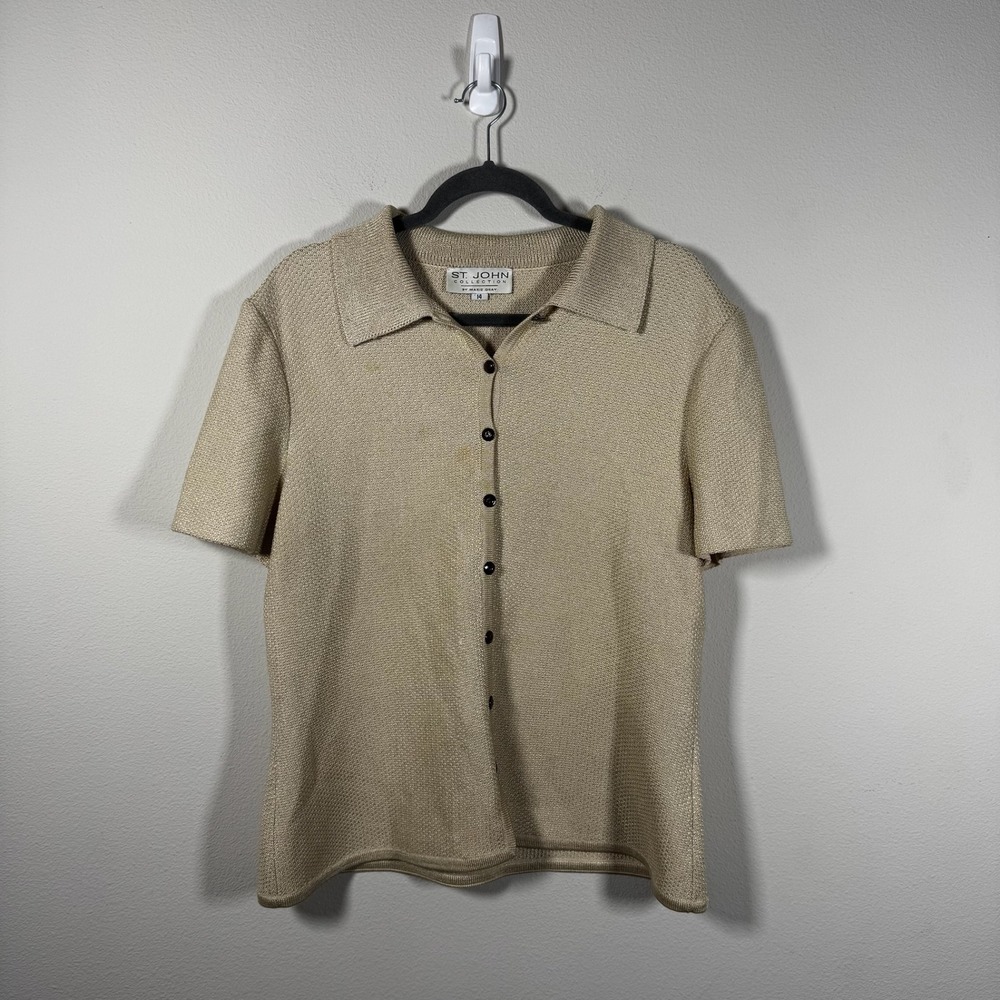 St. John Collection Marie Gray Beige Santana Knit Polo Button Front Top Size 14